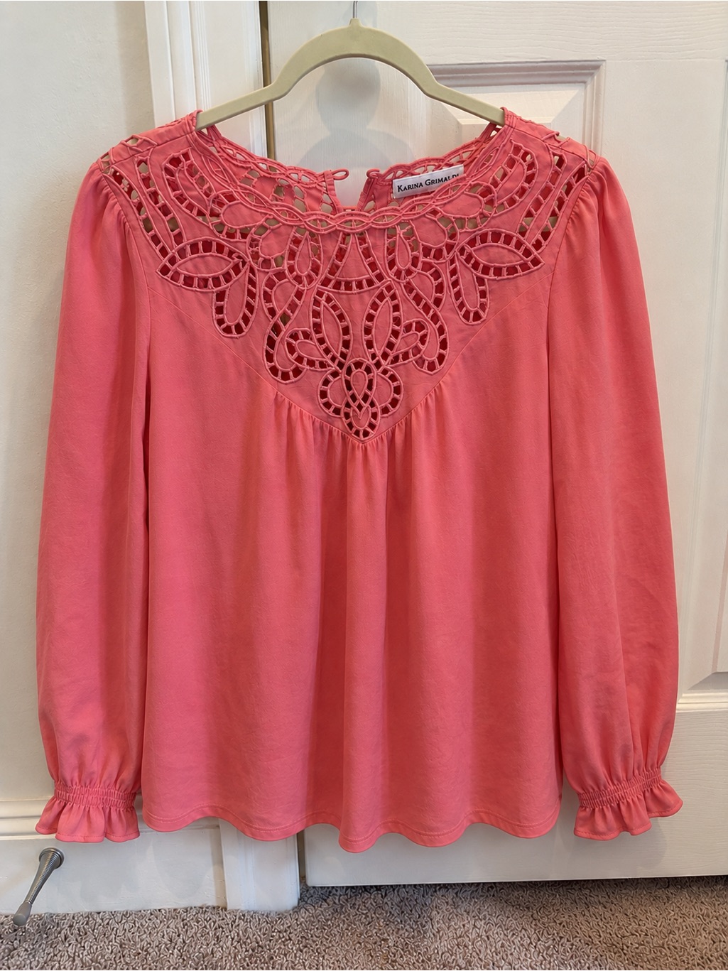 Karina Grimaldi Coral Pink Crochet Yoke Long Sleeve Blouse